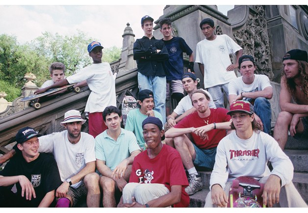A vintage photo of a New York skateboarding crew, from the book "Full Bleed" ( source )