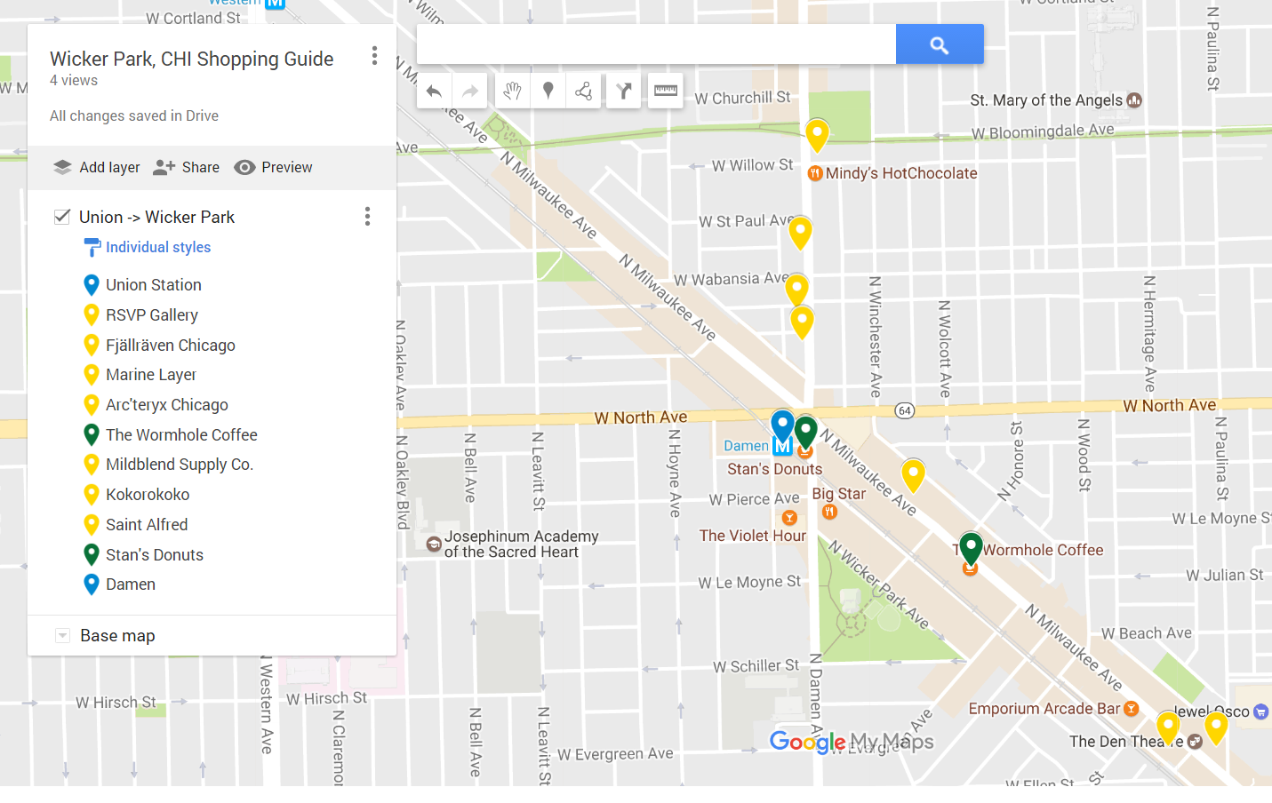 My custom Google My Map shopping guide ( link )