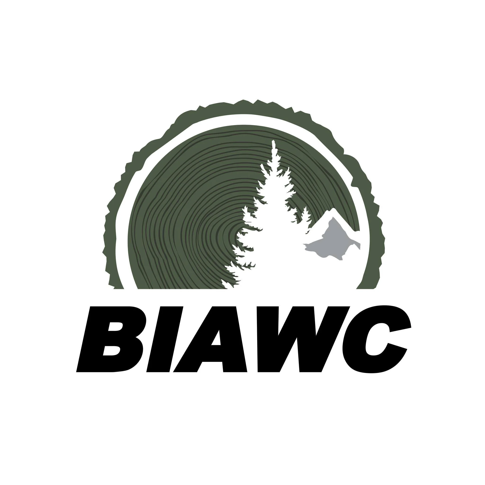 Logo featuring a pine tree and mountain silhouette inside a stylized tree ring, with bold text 'BIAWC' underneath. Building Industry Association of Whatcom County