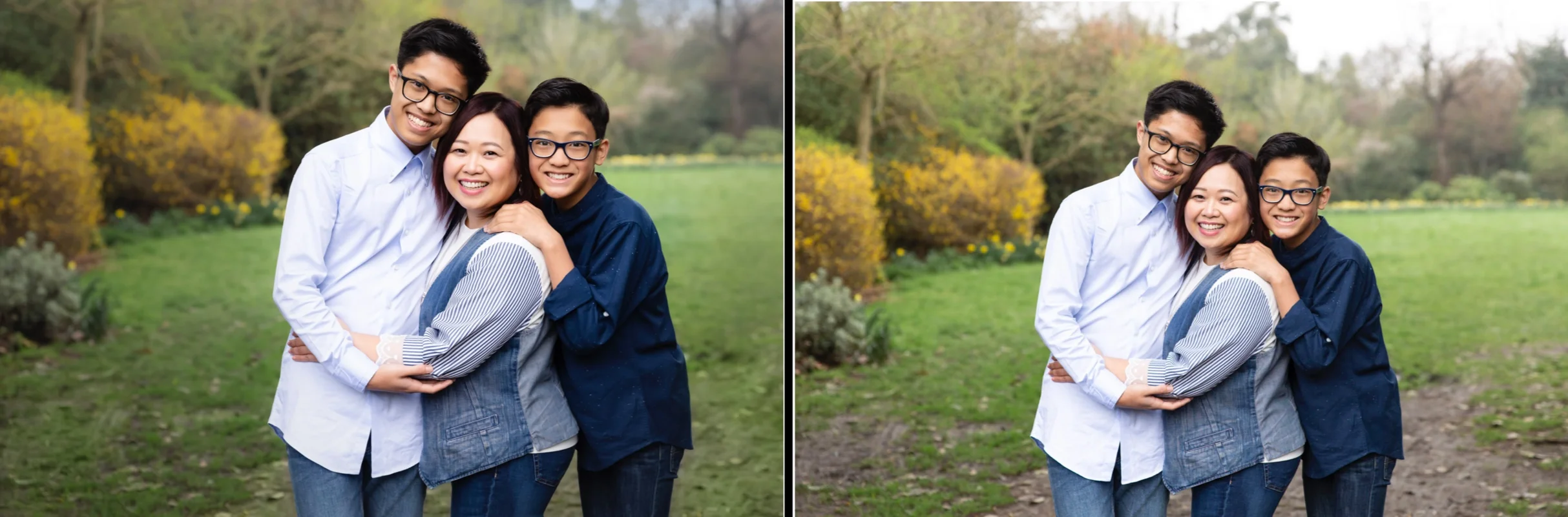 Left: after editing including filling in patchy grass. Right: as shot in camera.