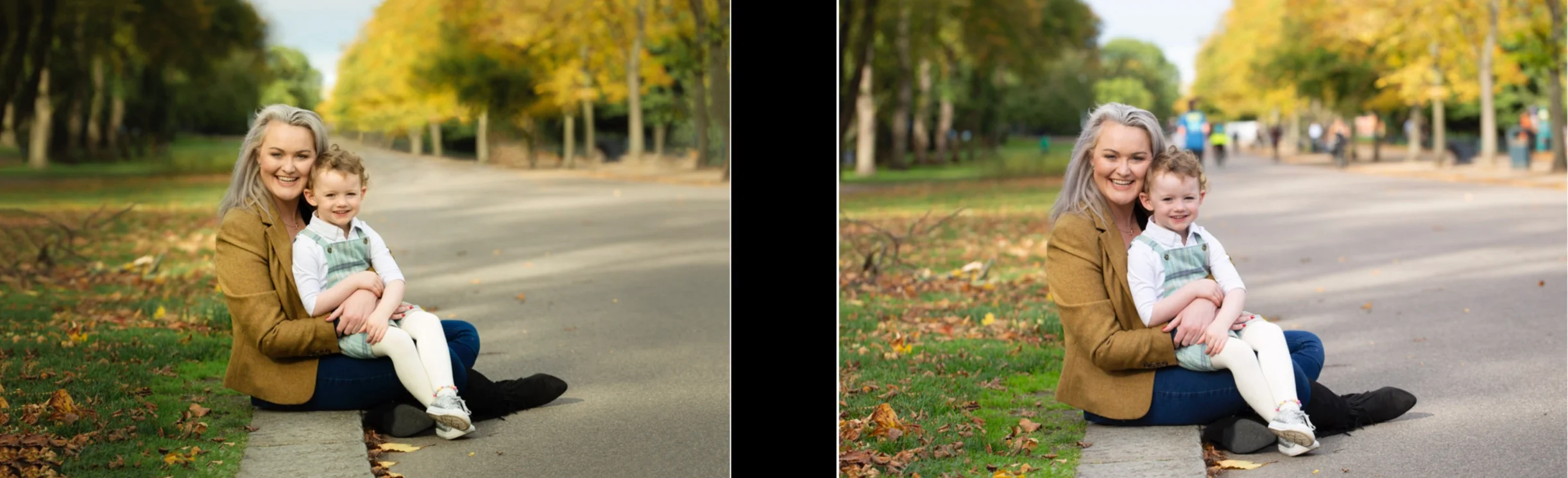 Left: after general editing and removing extraneous people from the shot. (Done by overlaying several frames in Photoshop and masking off to reveal clear areas). Right: as shot in camera.