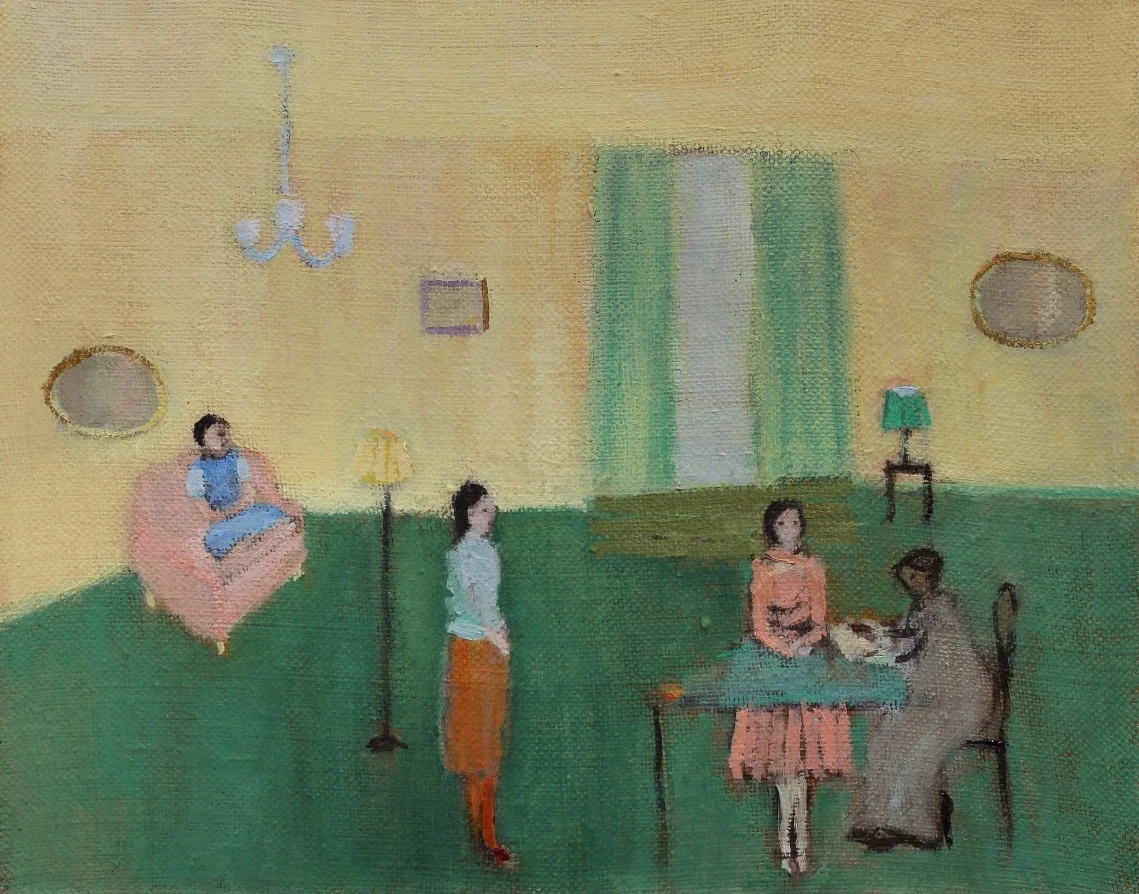 Front room, performance, letters, 2015, Oil on linen, 20 x 25 cm