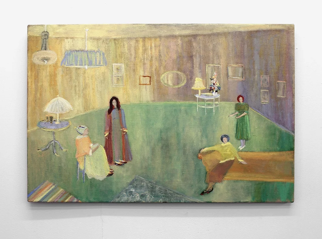 Jacqueline Utley, Lace meeting room, oil on linen, 40 x 60 cm, 2017