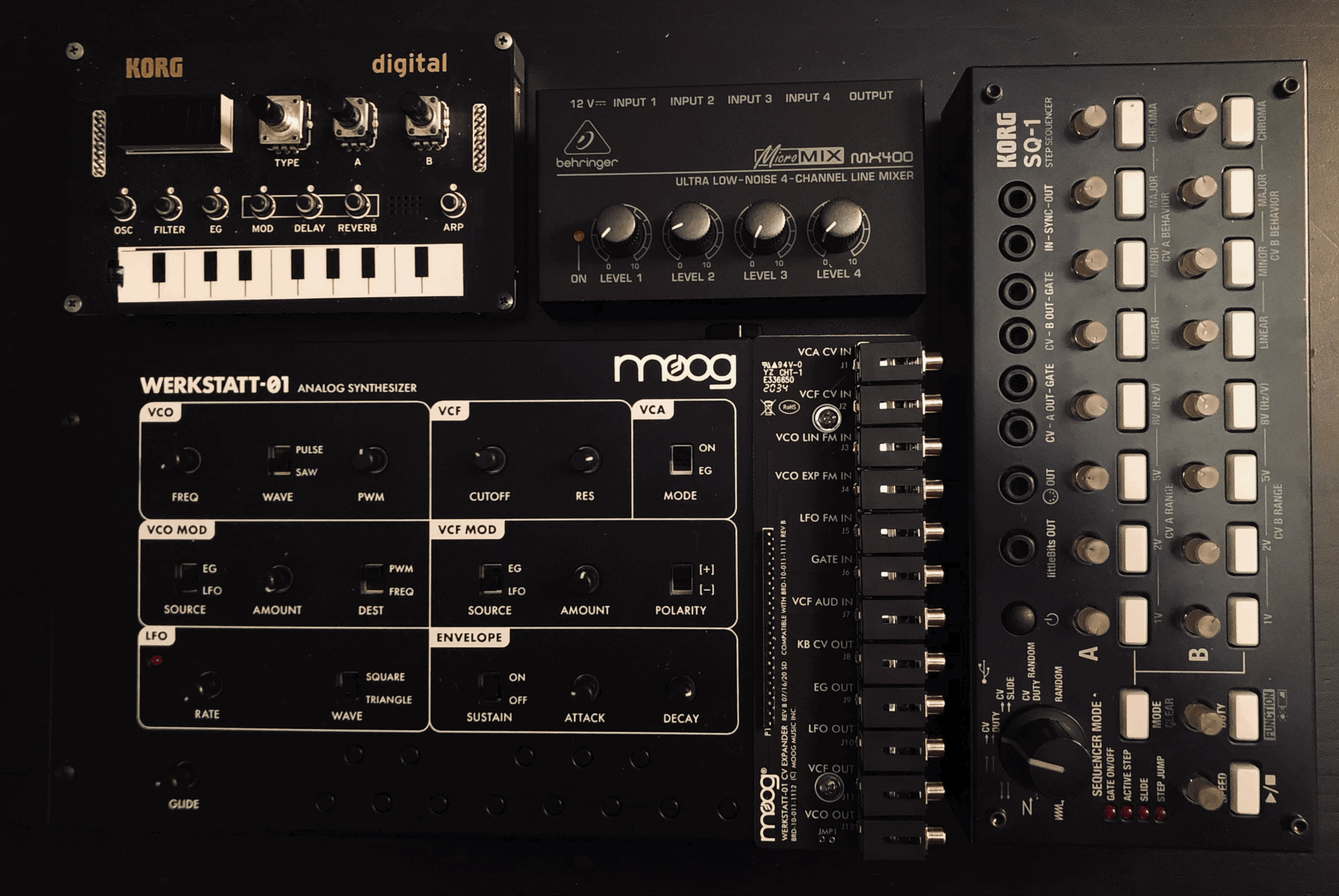 Clockwise from the left: Korg NTS-1, Behringer MX-400, Korg SQ-1, Moog Werkstatt-01.