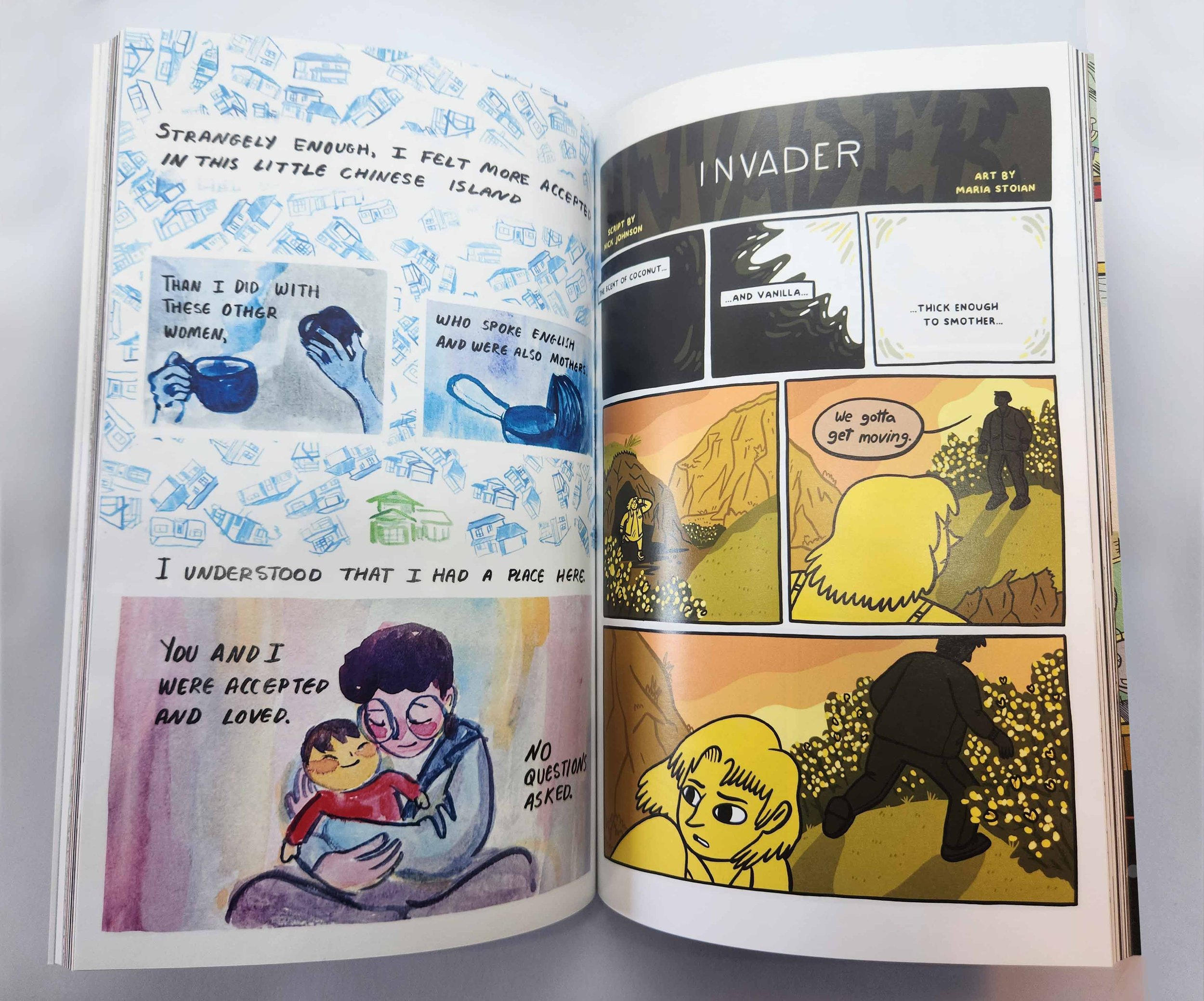 An open spread from the book featuring the last page of Debra King and Naomi Fong story “Arrival,” and the first page of “Invader” by Nick Johnson and Maria Stoian. 