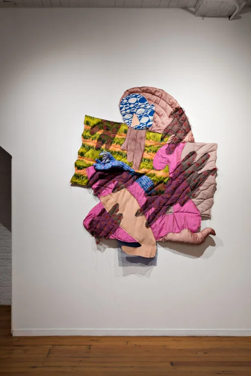 Catching Dolphins, 2016 Fabrics, batting, thread, stuffing, and dolphin figure 65 × 54 × 4 1/2 in
