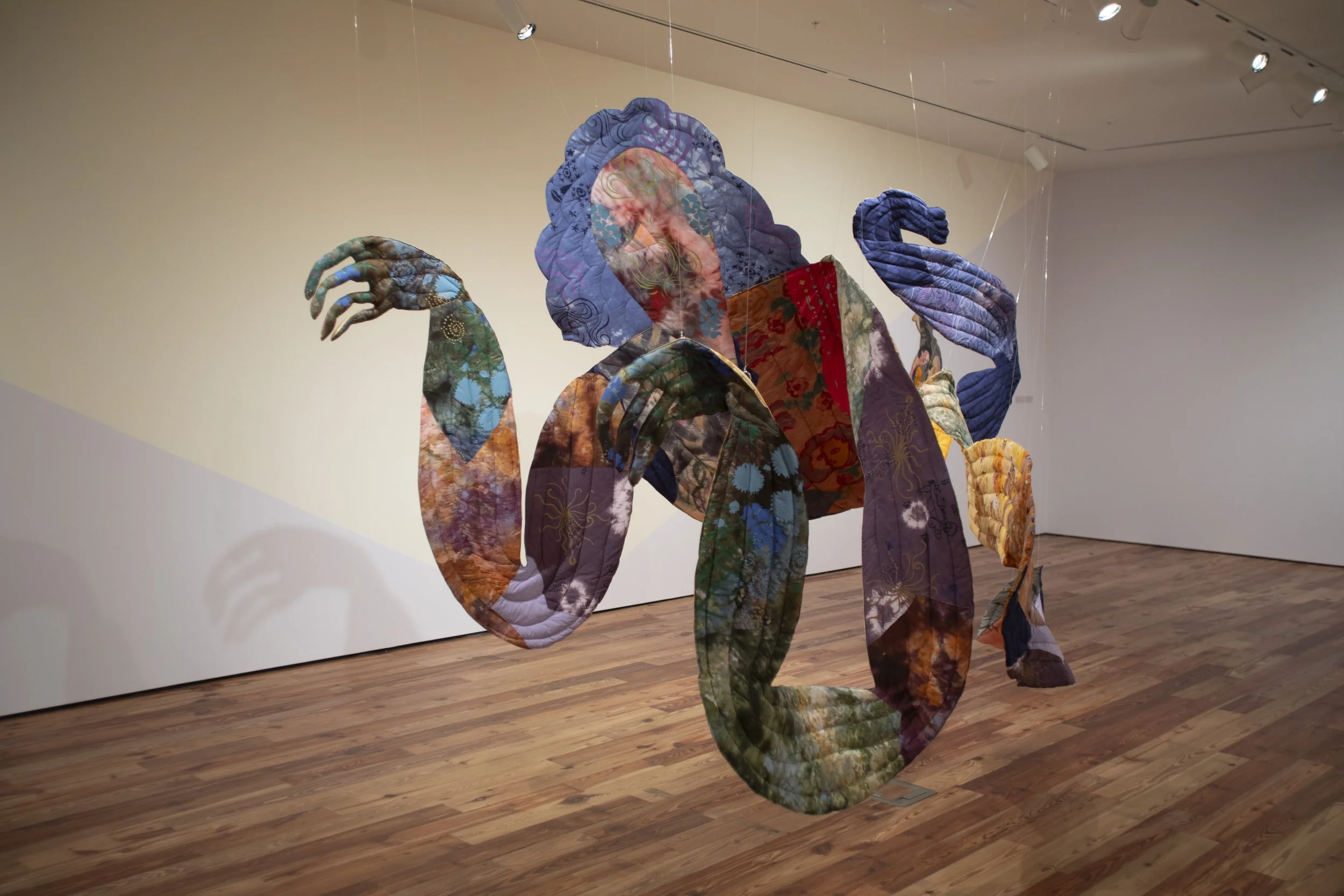   Sombra , 2026. Hand dyed and printed fabric, thread, batting and stuffing. 15 ft long (4.572 M), varies with installation. 