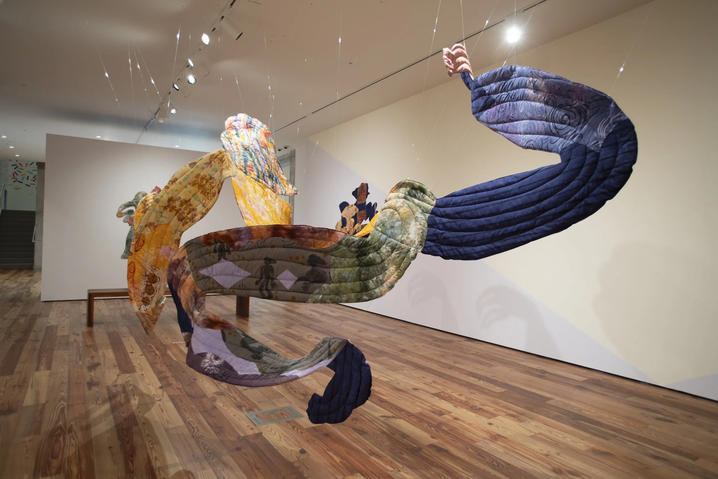   Sombra , 2026. Hand dyed and printed fabric, thread, batting and stuffing. 15 ft long (4.572 M), varies with installation. 