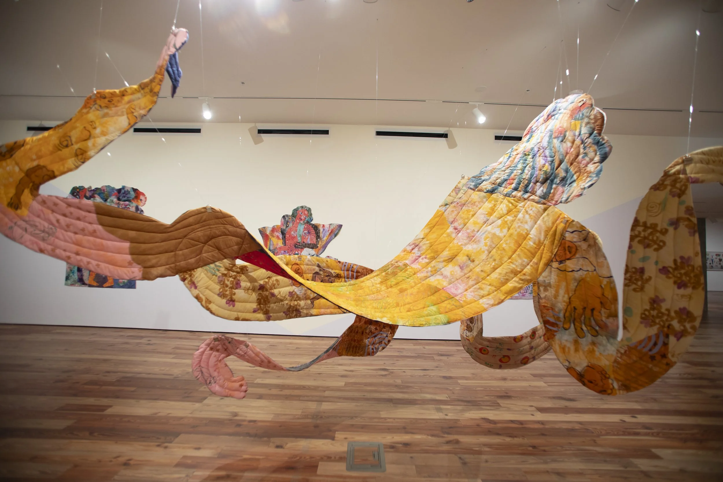   Sombra , 2026. Hand dyed and printed fabric, thread, batting and stuffing. 15 ft long (4.572 M), varies with installation. 