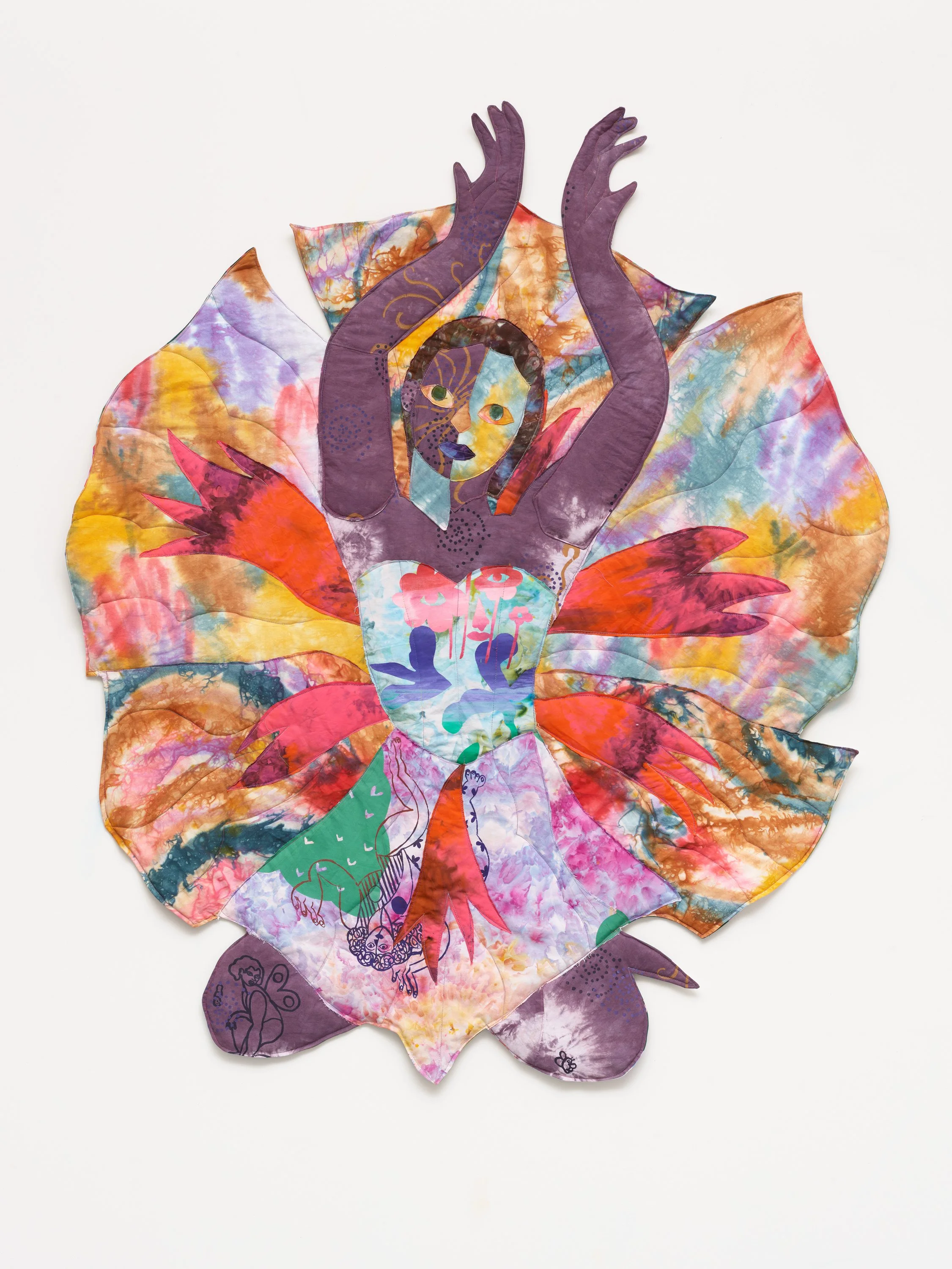   Para Que Me Mires , 2025. Hand dyed and screen printed fabric, thread and batting&nbsp;57 x 47 1⁄2 in ( 144.8 x 120.7 cm) 