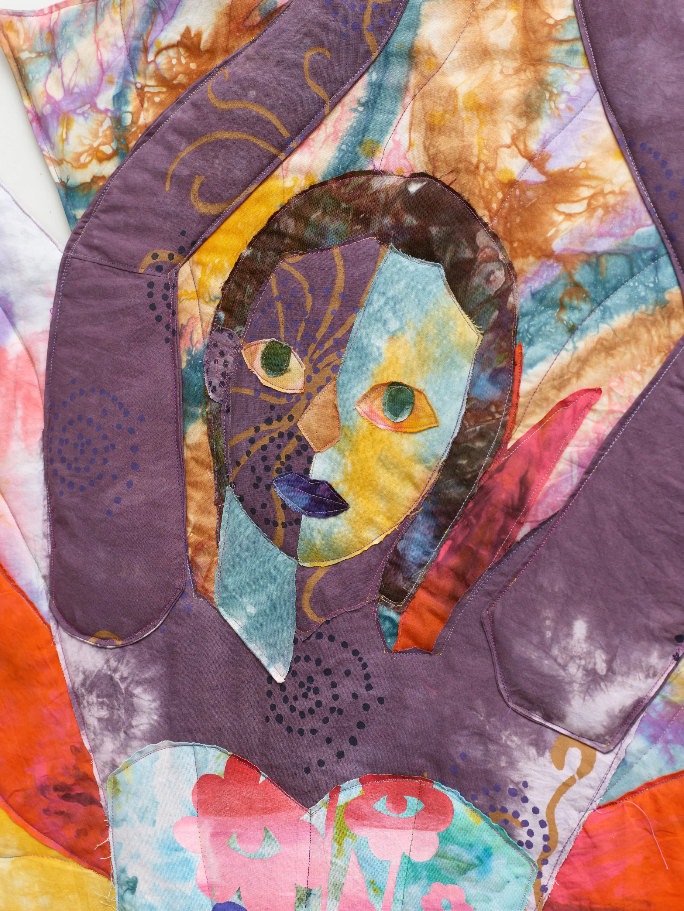   Para Que Me Mires , 2025. Hand dyed and screen printed fabric, thread and batting&nbsp;57 x 47 1⁄2 in ( 144.8 x 120.7 cm) 