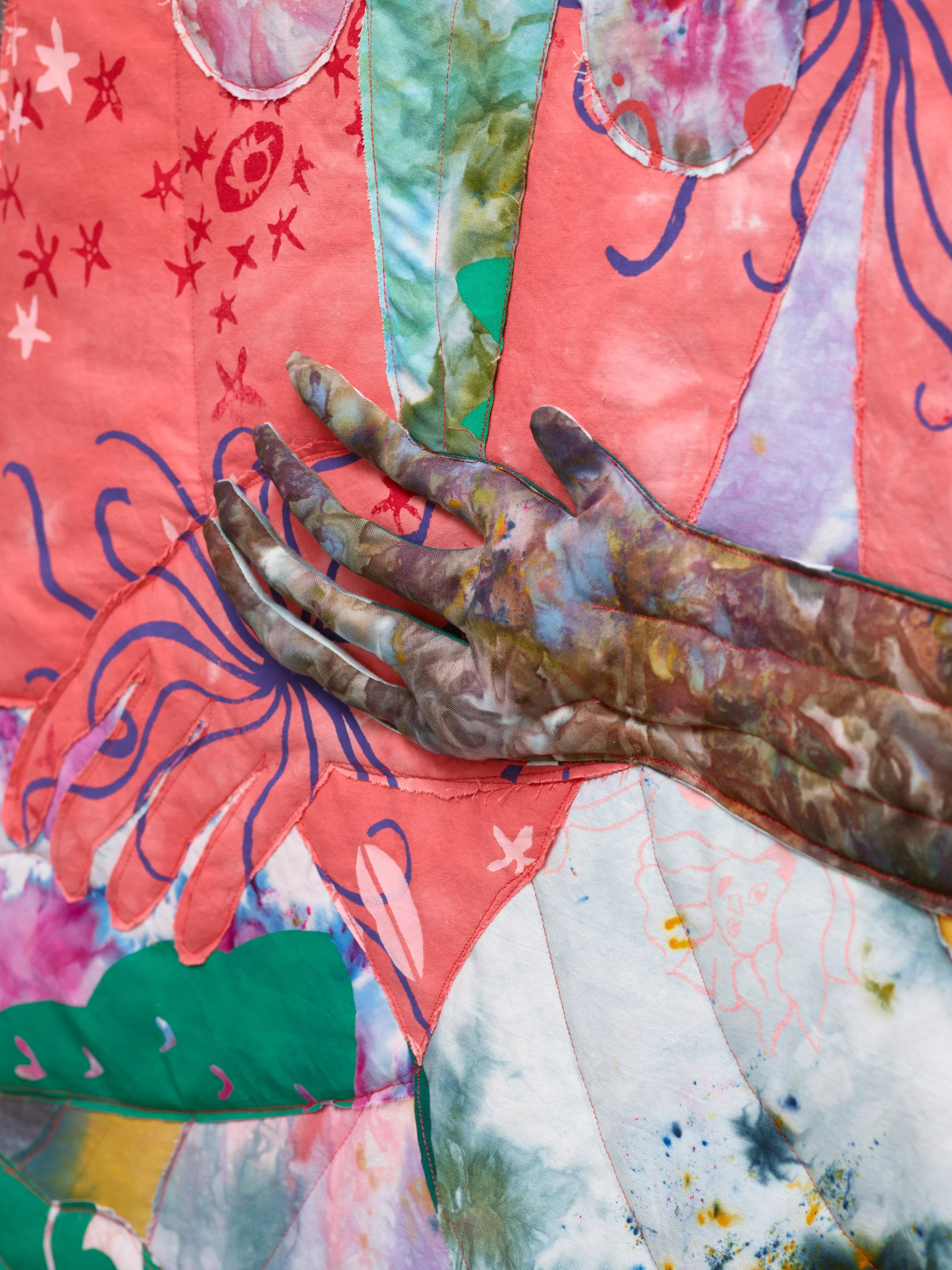   Te Dejé Quererme , 2025. Hand dyed and screen printed fabric, thread and batting&nbsp;47 1⁄2 x 55 1⁄2 in ( 120.7 x 141 cm) 