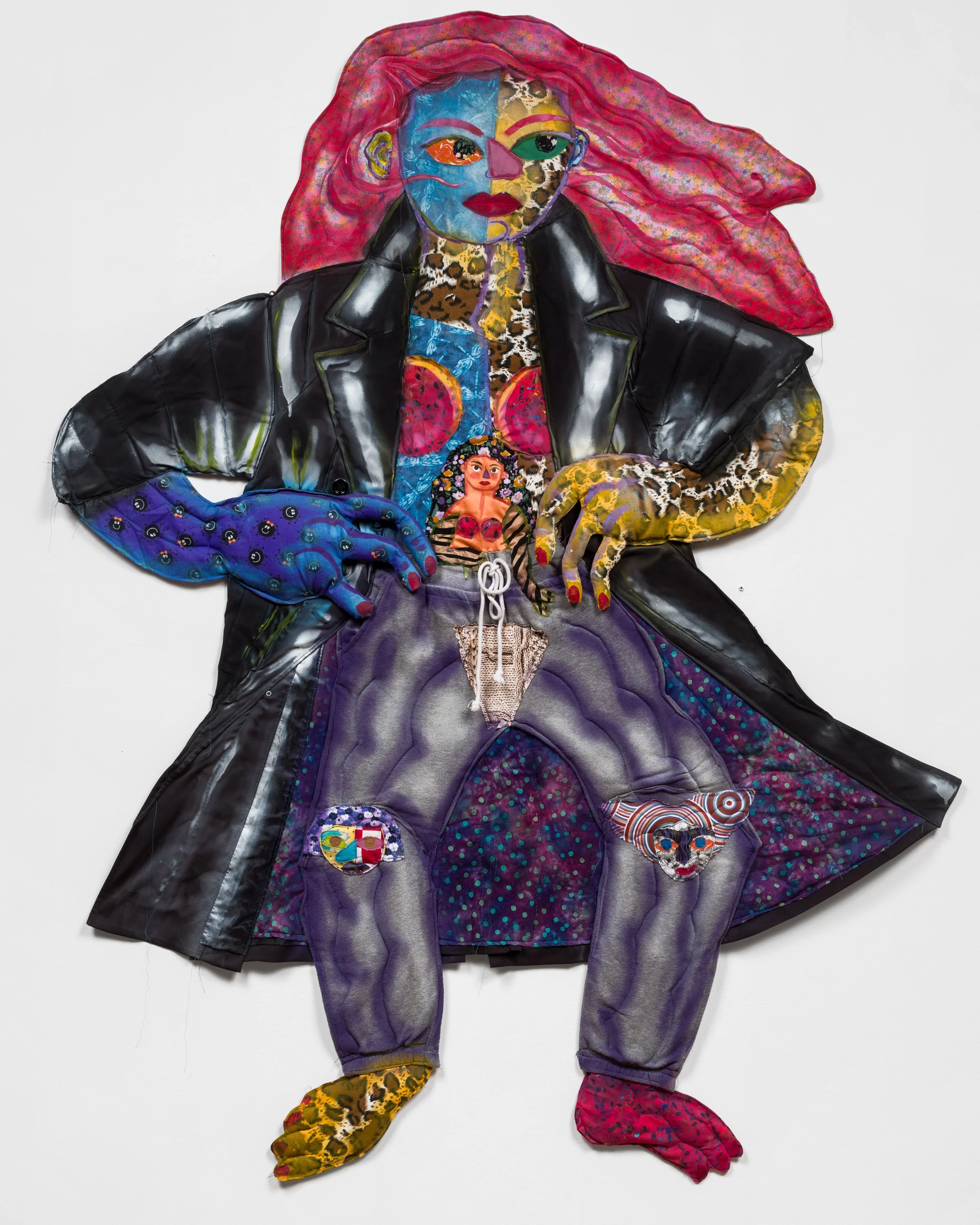   Exhibicionista , 2023. Fabric, thread, batting, stuffing, spray paint and acrylic paint 69 x 52 in (175.3 x 132.1 cm)  