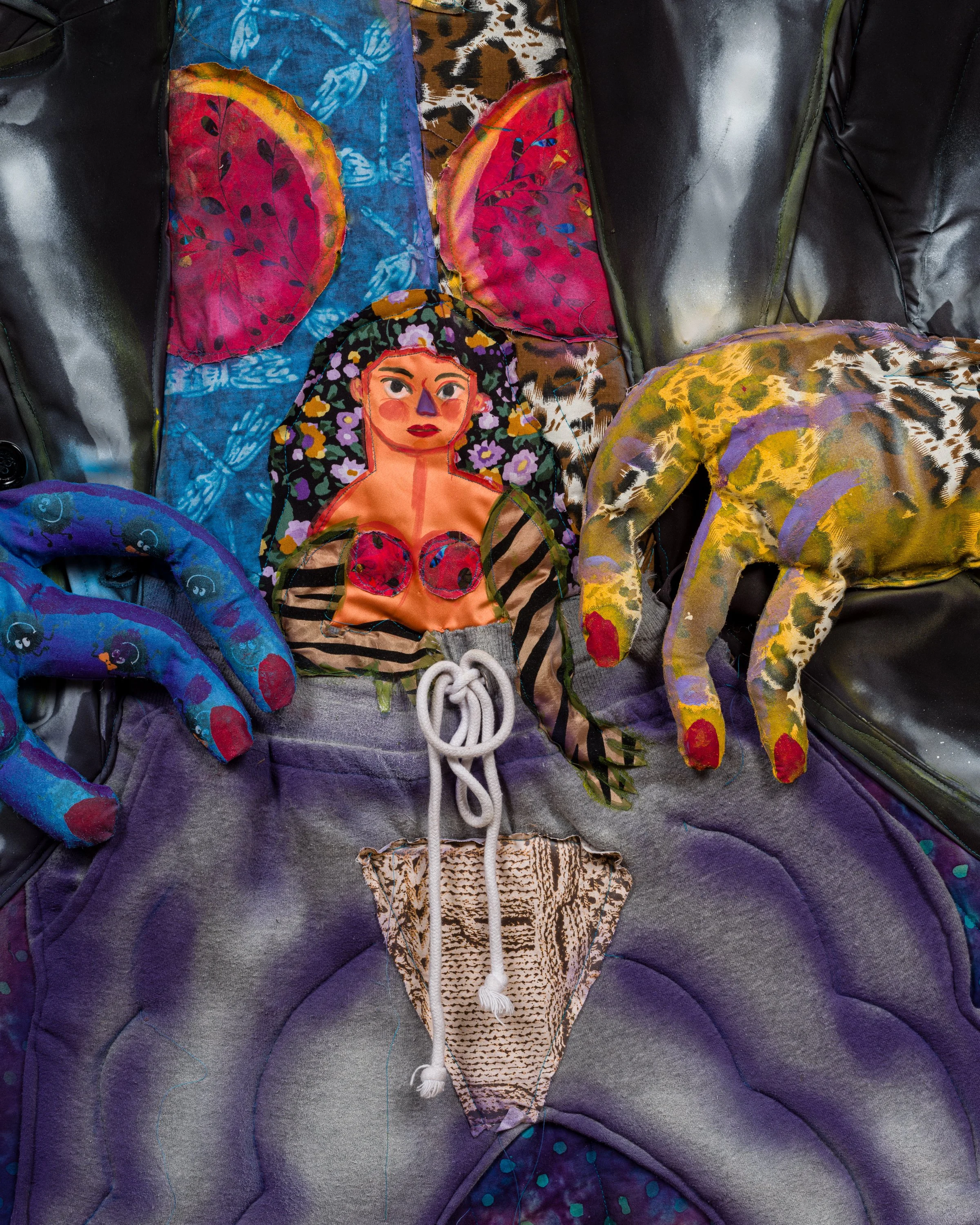   Exhibicionista , 2023. Fabric, thread, batting, stuffing, spray paint and acrylic paint 69 x 52 in (175.3 x 132.1 cm) 