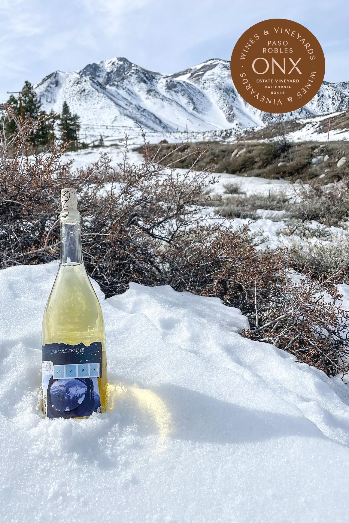 A white wine chills in the snow with mountains in the background