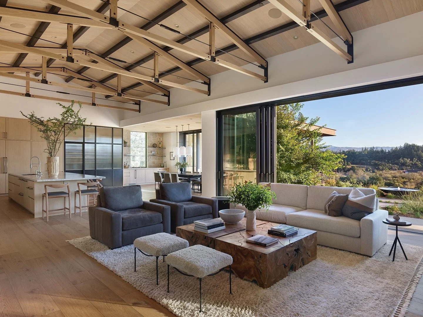 Taking in the borrowed landscape of local vineyards, the Healdsburg valley below, and the Mayacamas mountains beyond, our home in Dry Creek is an extension of California&rsquo;s sun-washed scenery. 

The tonal palette of flaxen woods and sandy limest