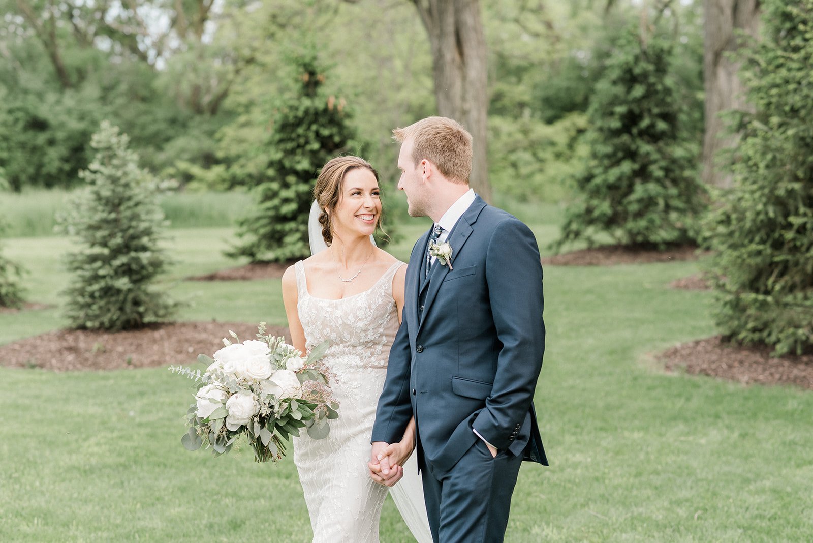 Bride and groom smiling
