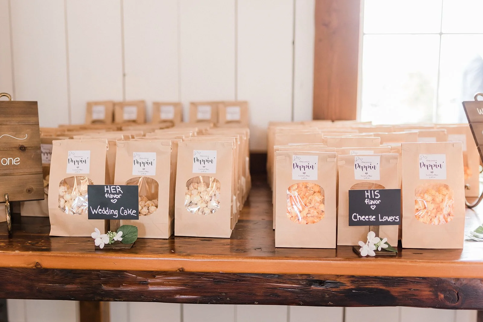 Wedding popcorn favors with his and her flavors