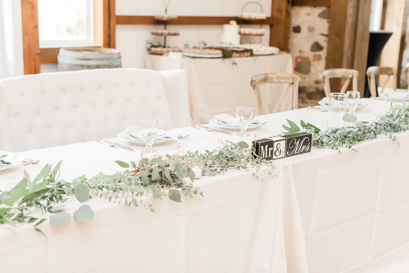Head table with Mr. and Mrs. sign at wedding