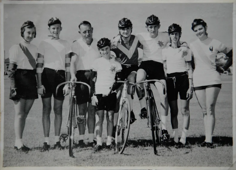 John Whip at Hawthorne Park velodrome Brisbane, standing in the centre. Surrounded by his club mates who raced at Hawthorne Park track.