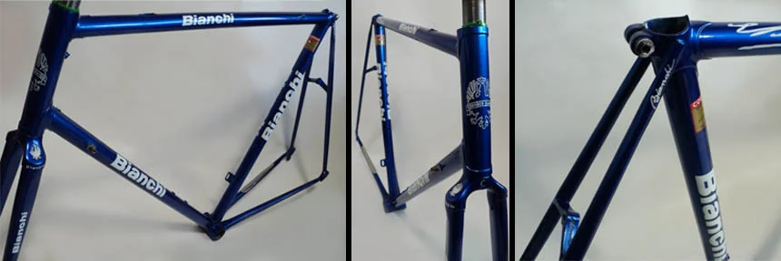We started with this Bianchi X4, bought through Ebay Netherlands. The frame had previously been painted in the wrong colour, stripped of the original factory triple chrome plating, bead blasted then finished with the wrong decals and was sporting a low quality backyard paint job.