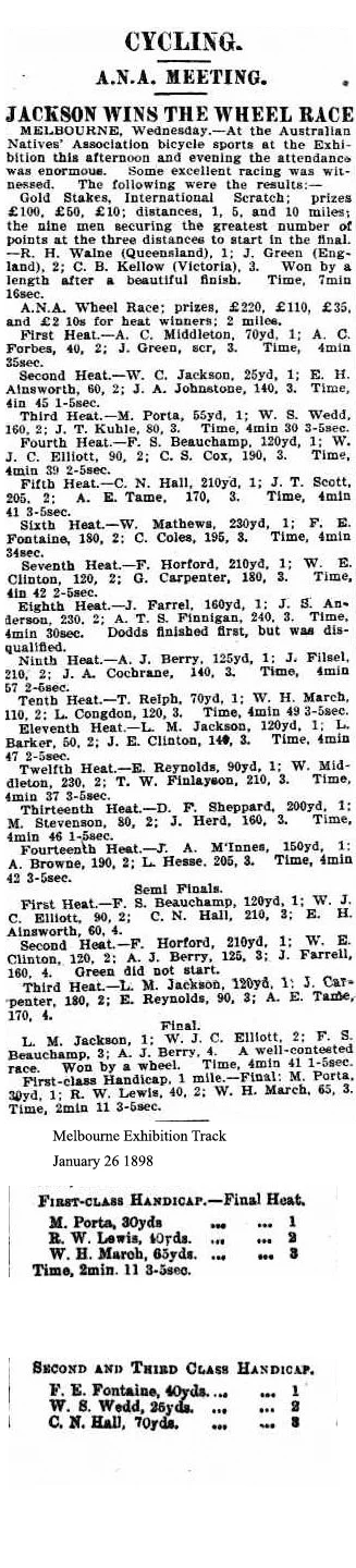 Australian Natives' Association Wheel race Results 1898