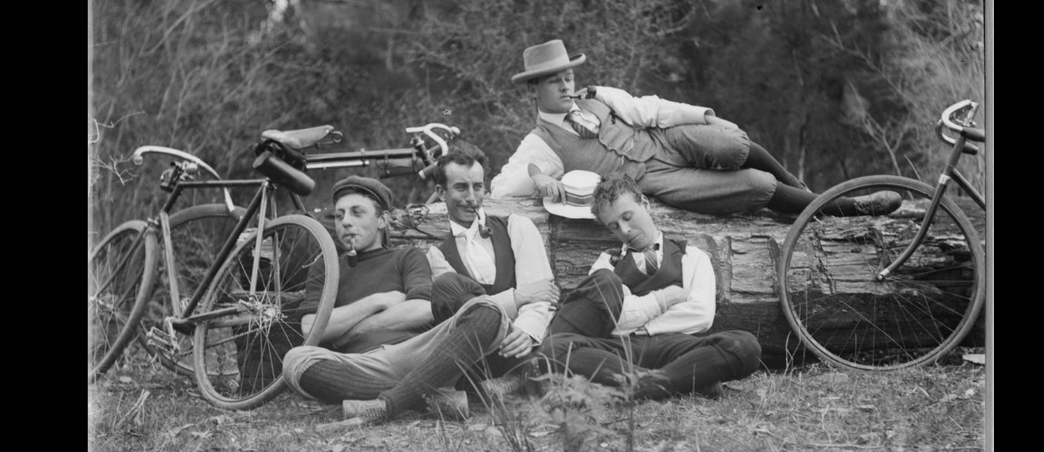 Tired riders fall about laughing after a successful urban raid. One rider falls asleep after a night on the nest then bragging to his mates about his escapades for the entire ride. Image by Mark James Daniel 1867-1949 State Library of Victoria.