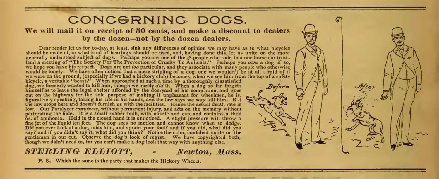 Bicycling World 28 March 1890 ... Paralyser acts on the memory without perforating the hide.