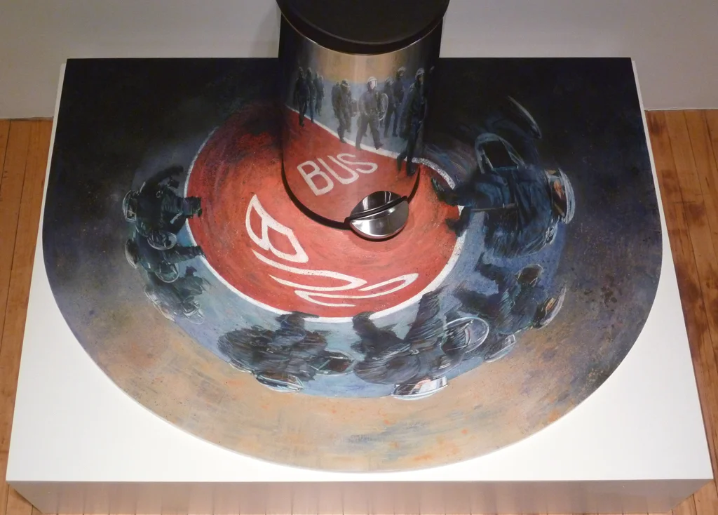 August 8th on Mare Street Anamorph, acrylic on wood, approx. with metal garbage bin, 97 x 138 x 102 cm, 2011.