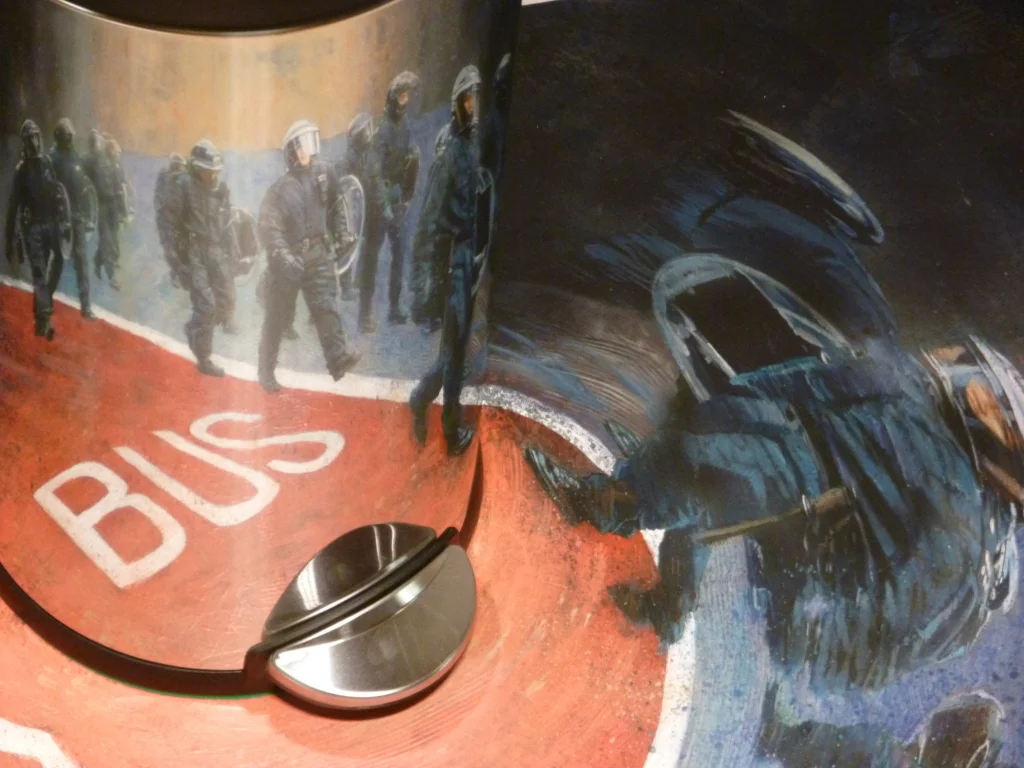 August 8th on Mare Street Anamorph (detail), acrylic on wood, approx. with metal garbage bin, 97 x 138 x 102 cm, 2011.