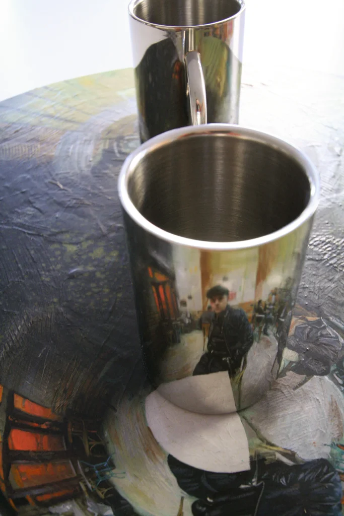 Shaun And His Doppelganger (detail), acrylic on wood with metal cup, 2011.