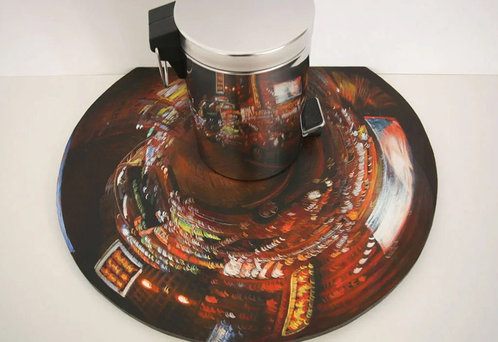 Kowloon Anamorph, acrylic on wood with garbage can, 2009.