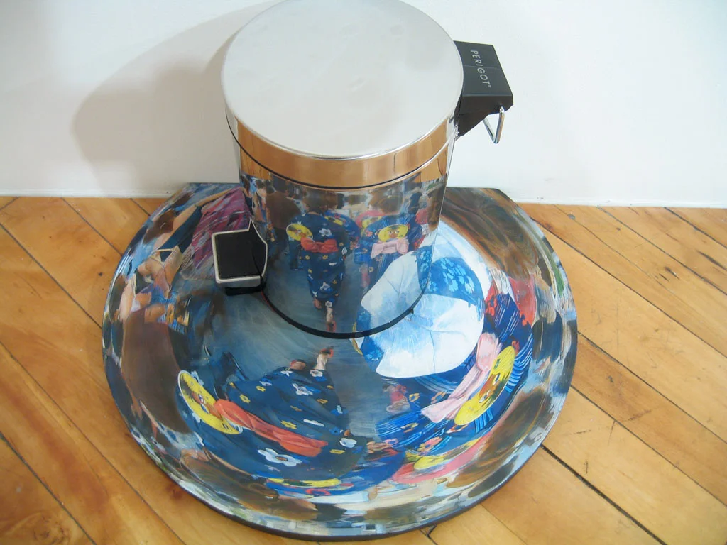 Yukatas Anamorph, acrylic on wood with metal garbage bin, 2004.