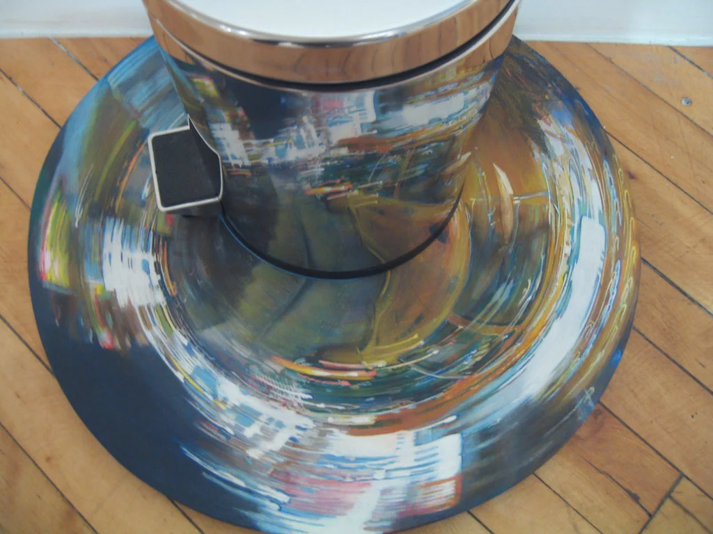 Ginza Station Anamorph, acrylic on wood with metal garbage bin, 2004.