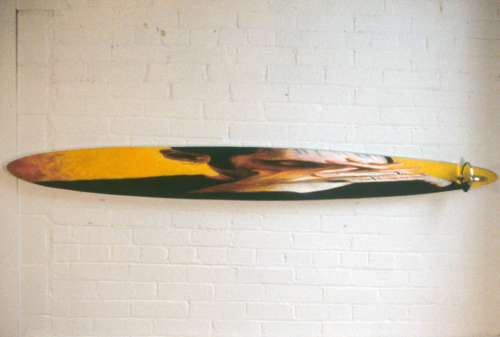 Mike No. 2, acrylic on wood with car mirror, 2000.