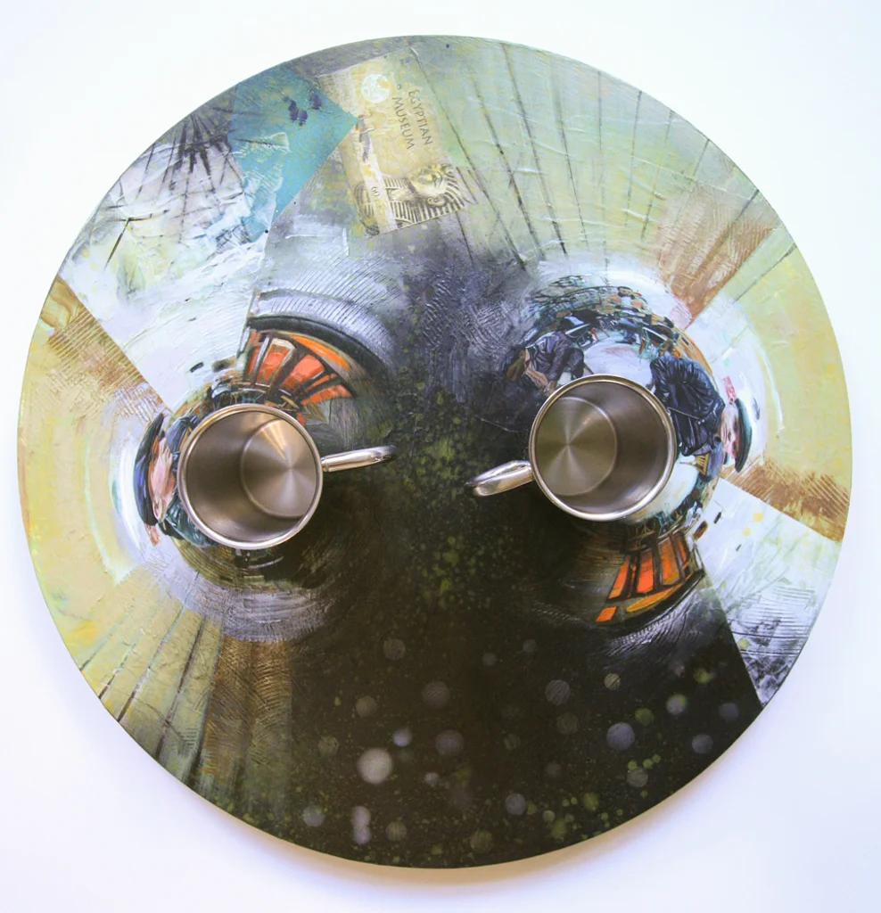 Shaun And His Doppelganger, acrylic on wood with metal cup, 2011.