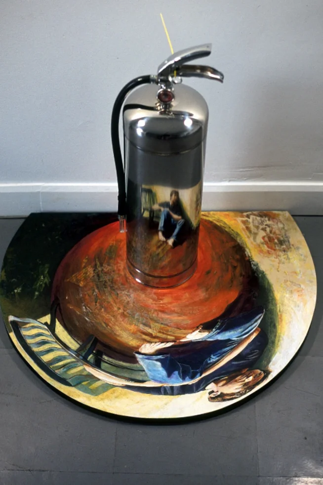 In The Studio, acrylic on wood with fire extinguisher, 2000.