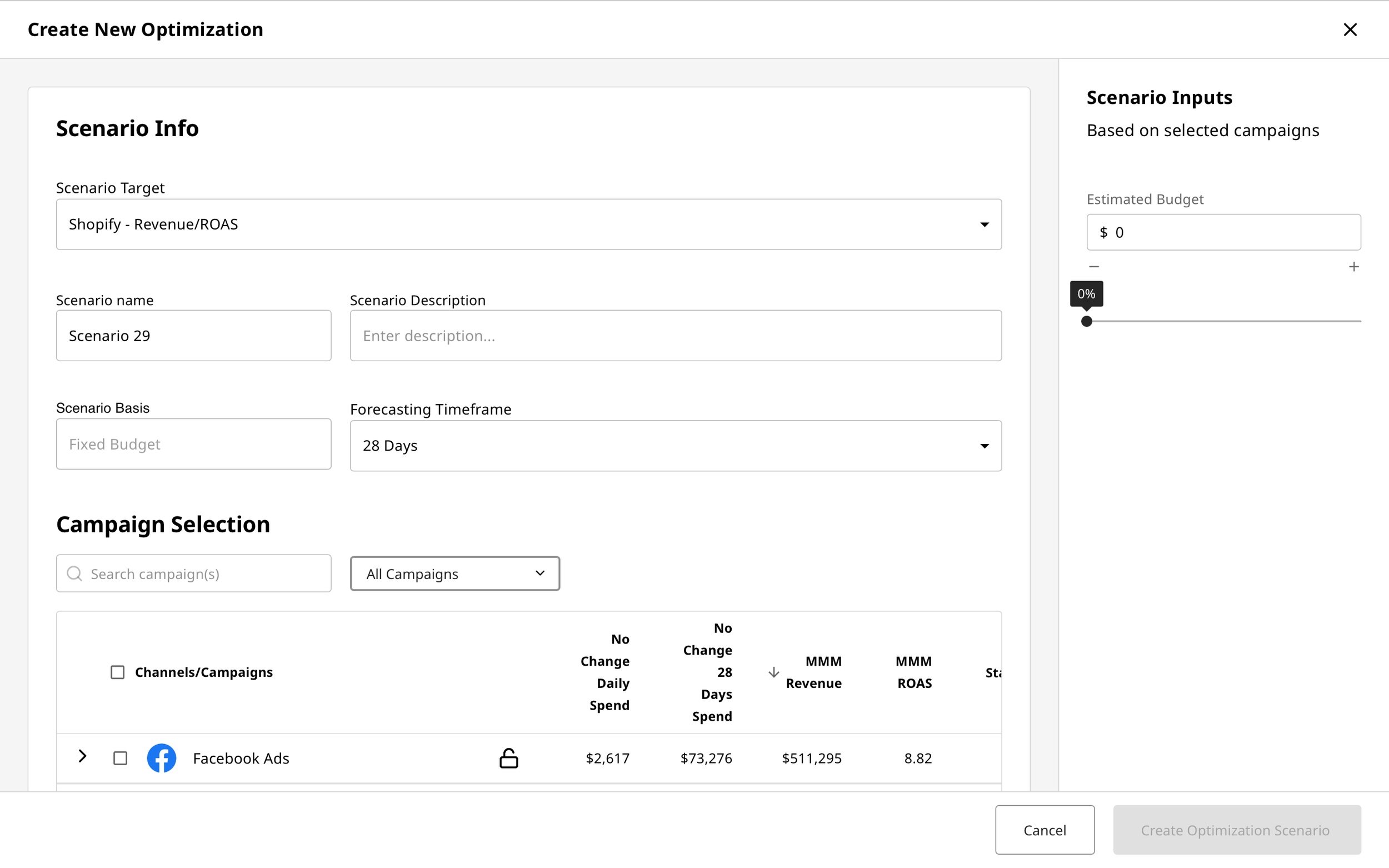 Budget optimization interface with fields for scenario name, campaign selection, estimated budget, and forecasting timeframe.