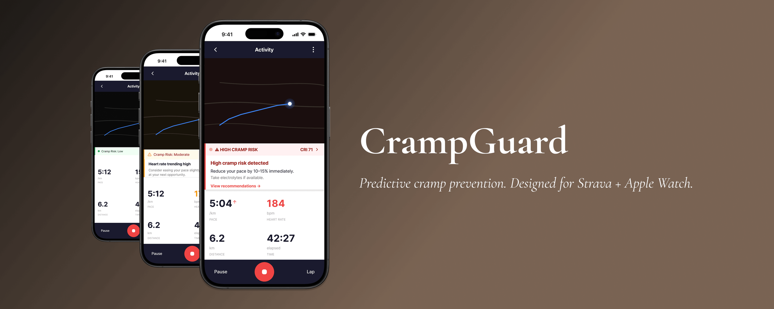CrampGuard. Predictive cramp prevention. Designed for Strava & Apple Watch.
