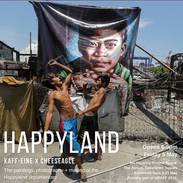 CLOSES TODAY! The Happyland exhibition will be open from 12-5 today at No Vacancy Gallery, Fed Square. Come past for a chat about this special project with @kaffeinepaints and @cheeseagleprojects #hraff2017 #Happyland #melbourne #exhibition #philippi