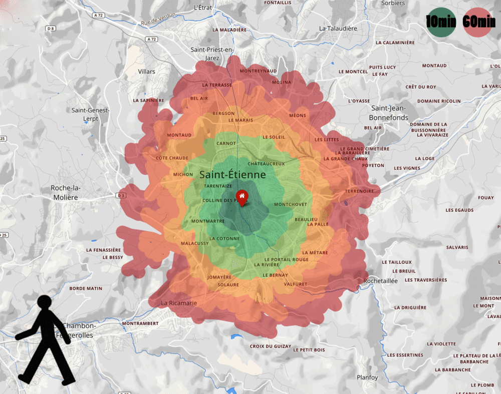 Analyse des isochrones d'accessibilité de la ville. Comparaison des différents modes avec la réalité du terrain.