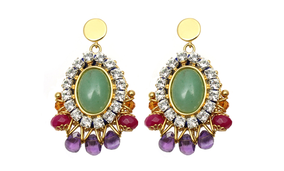 099G Gemstone & Crystal Stitched Earrings - Green.jpg