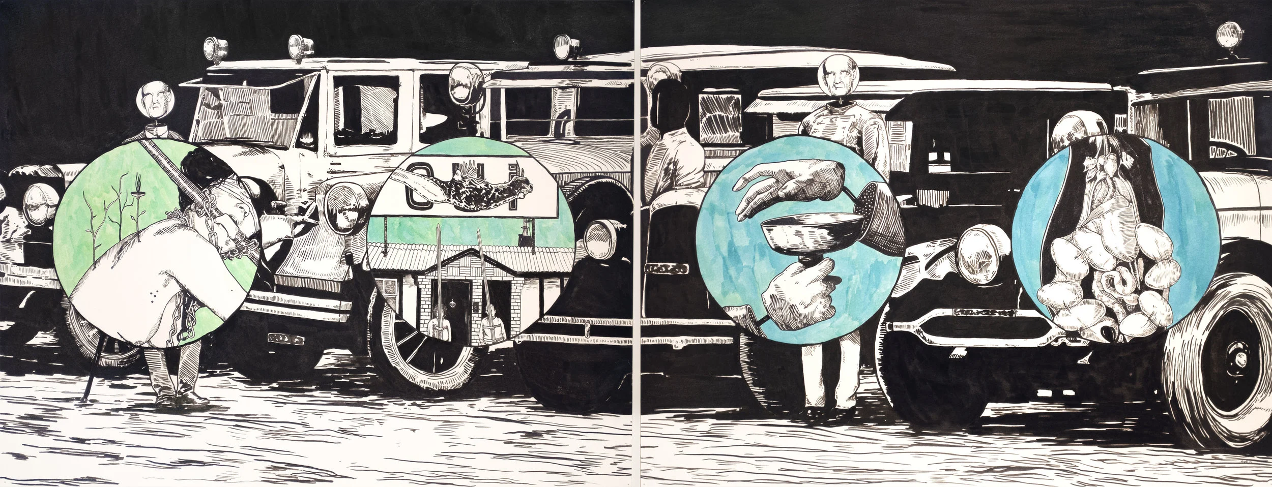 Lower Than the Lowest Animal #3 , 2013 India ink on paper 24 x 52 inches (diptych)