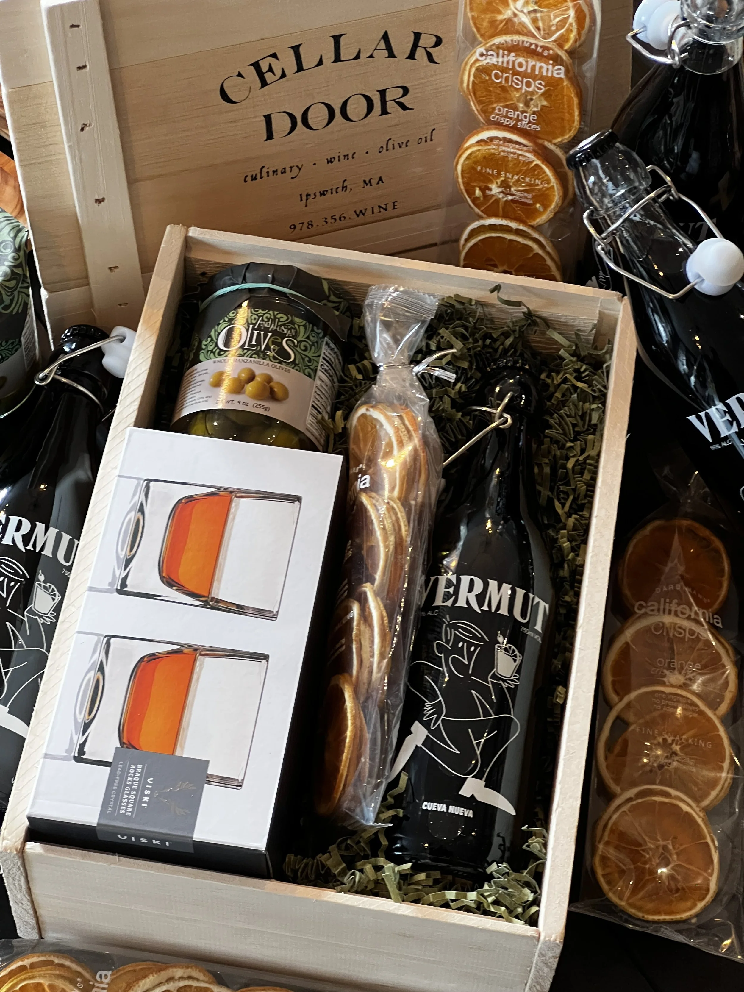 The Perfect Cocktail - Vermut (Spanish Red Vermouth), two lead-free crystal rocks glasses, dried orange slices, and manzanilla olives!