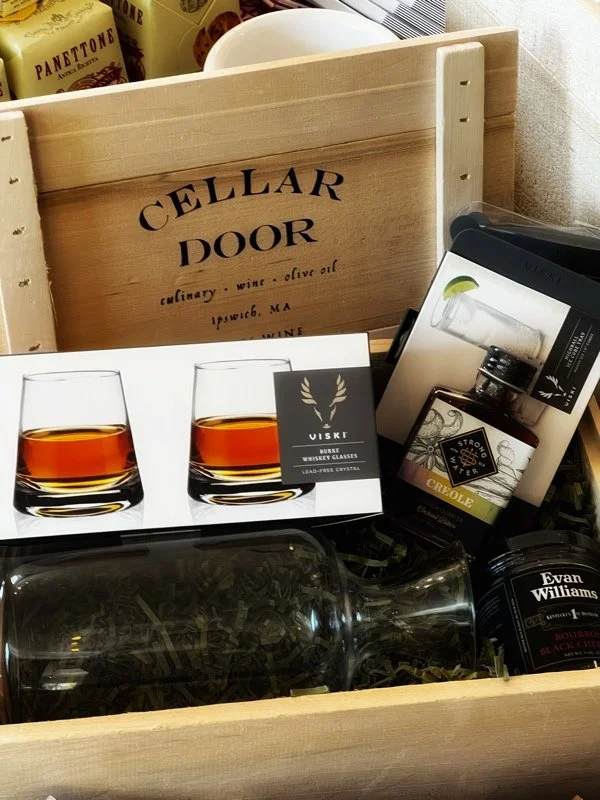 Last Call - Two Crystal Whiskey Glasses, Whiskey Carafe, Small Batch Artisan Bitters, Evan Williams Bourbon Cherries, Silicone ice cube tray with lid.