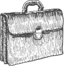 Black and white sketch of a briefcase with a handle and clasp