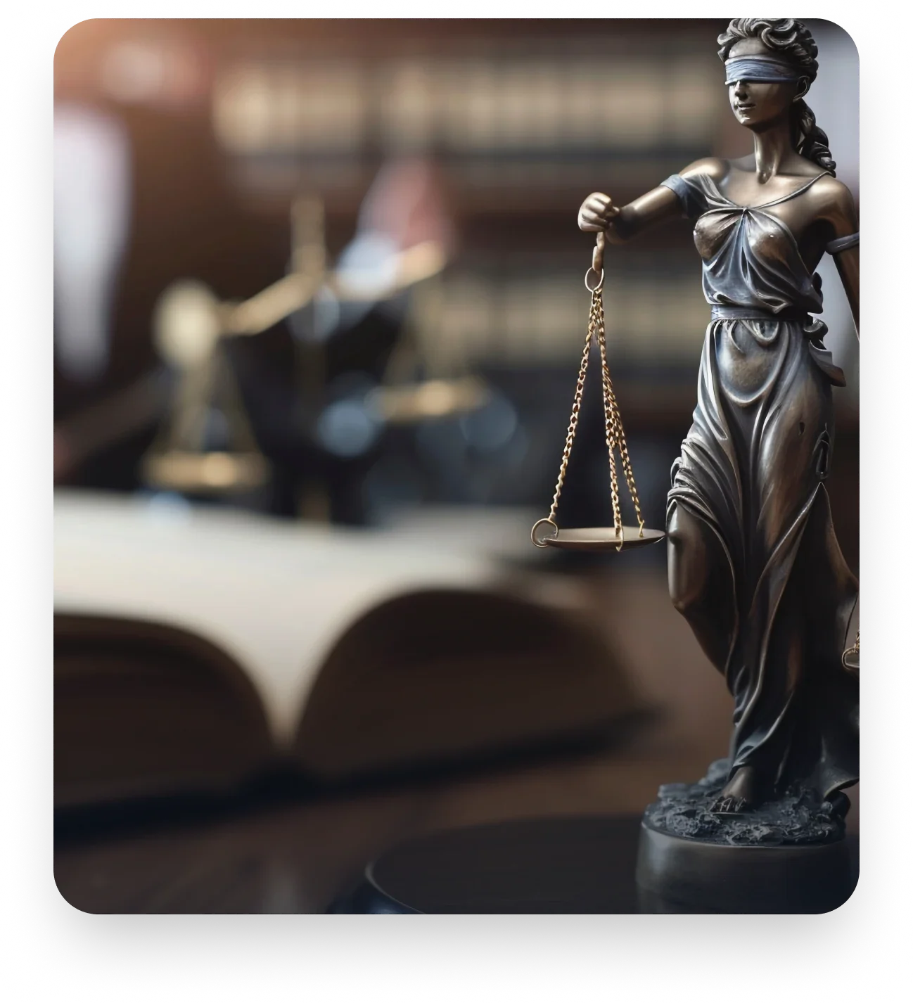 A bronze statue of Lady Justice holding scales, positioned on a desk in a law office or library, with an open law book and blurred bookshelves in the background.