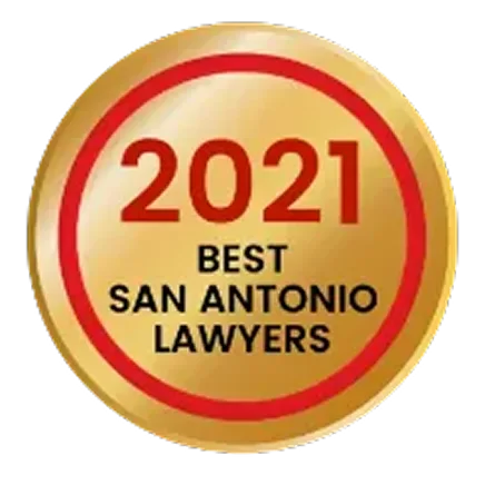 Gold circular badge with red and black text reading "2021 Best San Antonio Lawyers".