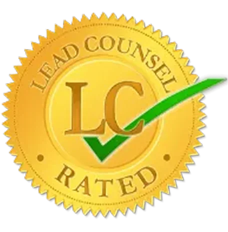 Certification badge with a gold circular seal that says Lead Counsel Rated with LC initials and a green check mark.