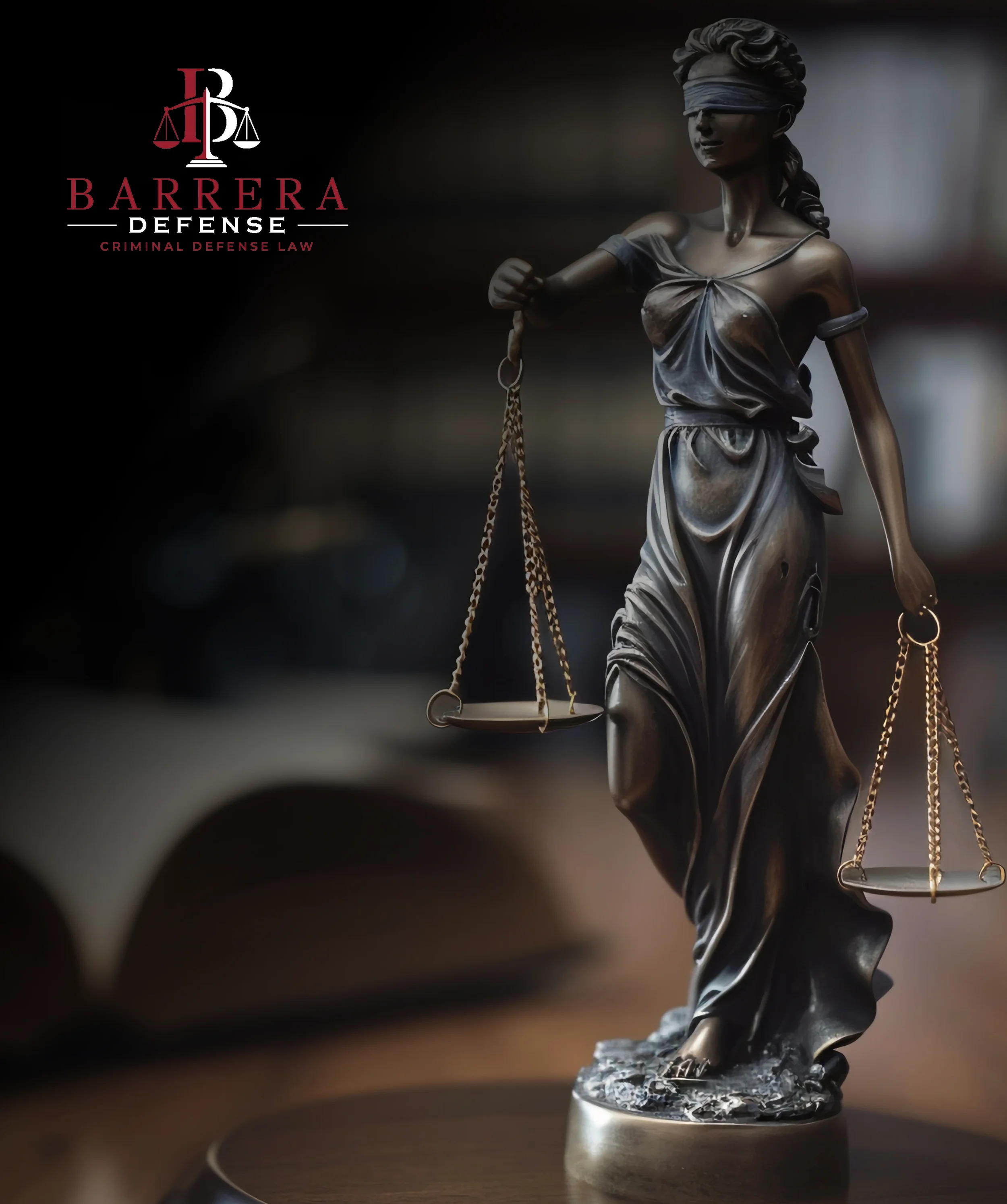 A bronze sculpture of Lady Justice with a blindfold and holding a scale, standing on a textured base, with a dark background.
